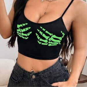 iHeartRaves Black Crop Top with Neon Green Skeleton Design